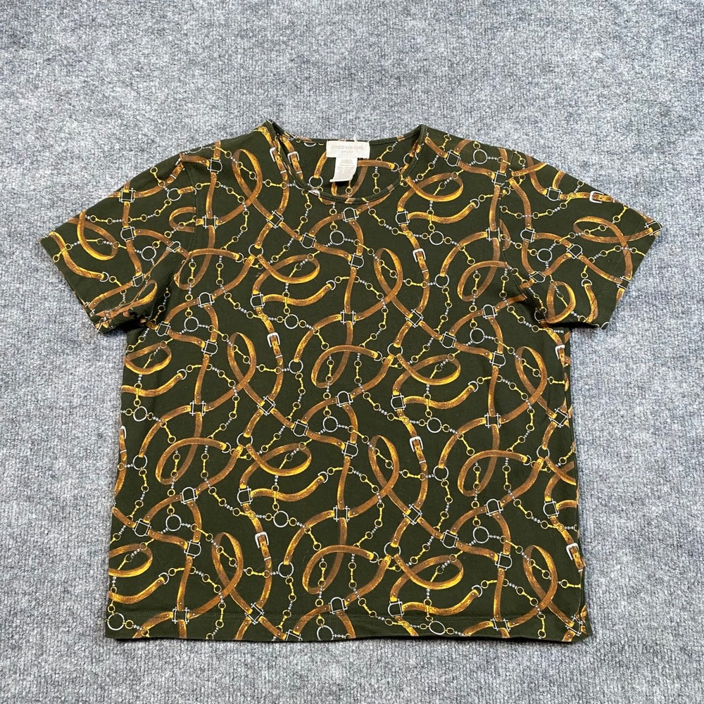 Jones New York Sport Womens Olive Green Equestrian Belt Chain Print Cotton Tee S